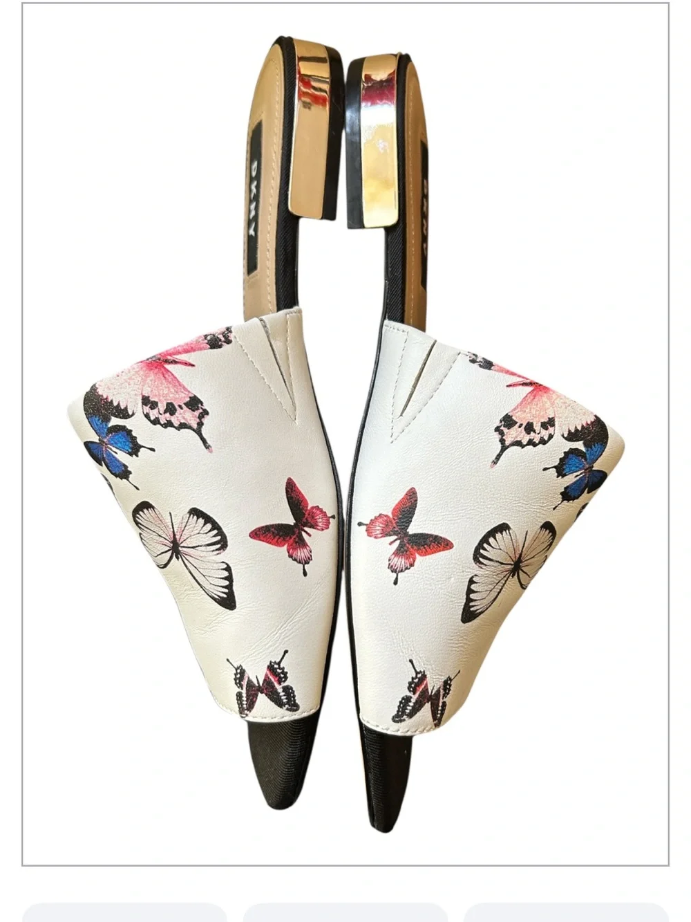 Women’s DKNY Leather Vibrant Multicolor Butterfly Print Slip On Mules Size 7.5